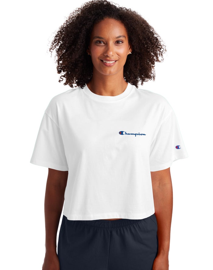 Champion Cropped Script Logo Kadın Tişört Beyaz ( NJATMQ053 )